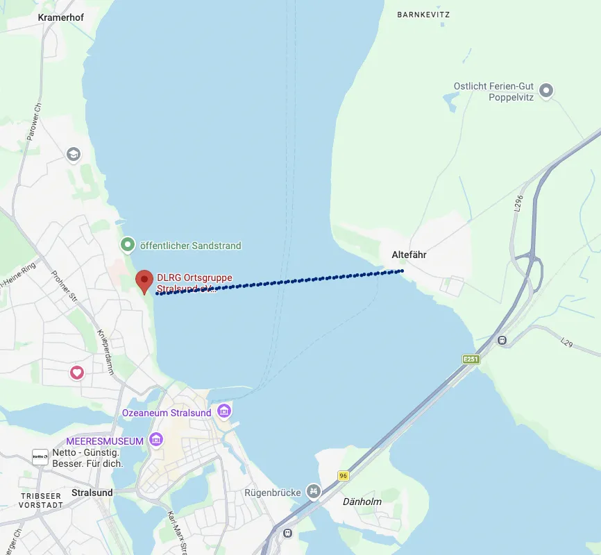 Kartenansicht der Wettkampfstrecke des Sundschwimmens in Stralsund